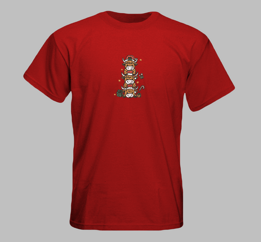 Christmas Mini Highland Cow Embroidery T-Shirt
